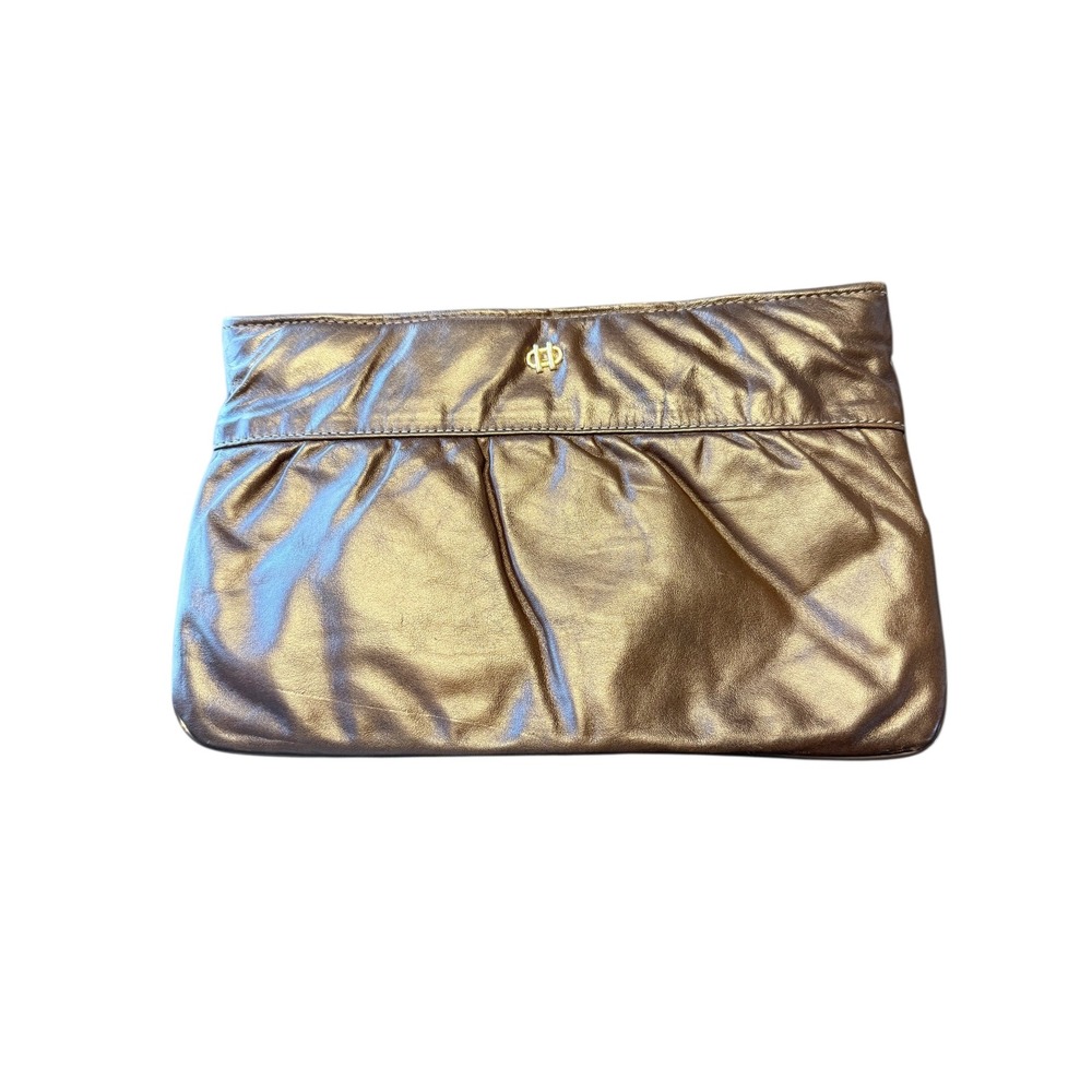 Letisse Vintage Brown Leather Gathered‎ Zip Top Clutch Evening Bag